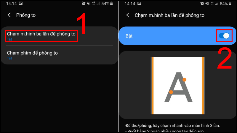 Chọn mục Chạm m.hình ba lần để phóng to